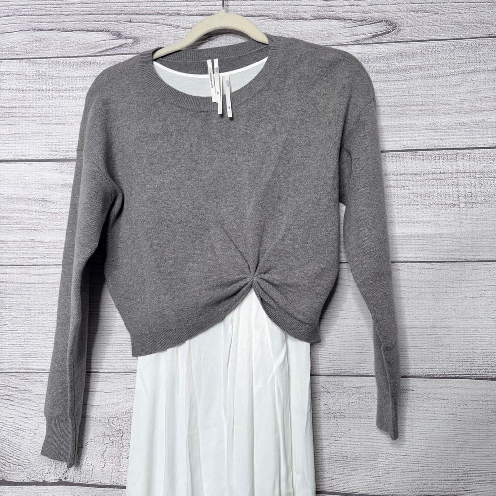 Anthropologie Grey Twist Front Sweater White Mixed Media Midi Dress XXS